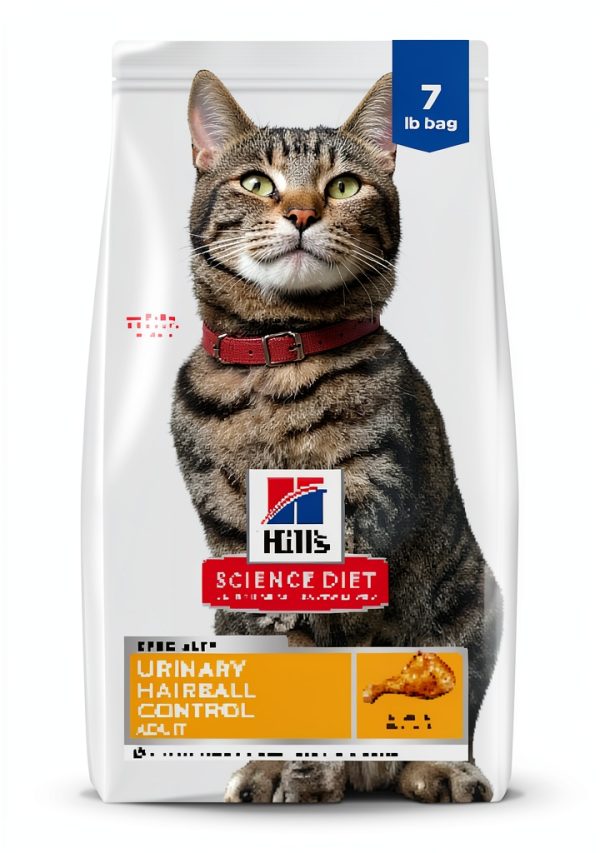 Hill's Science Diet Urinary Hairball Control, Adult 1-6, Urinary Track Health & Hairball Control Support, Dry Cat Food, Chicken Recipe, 7 lb Bag-0